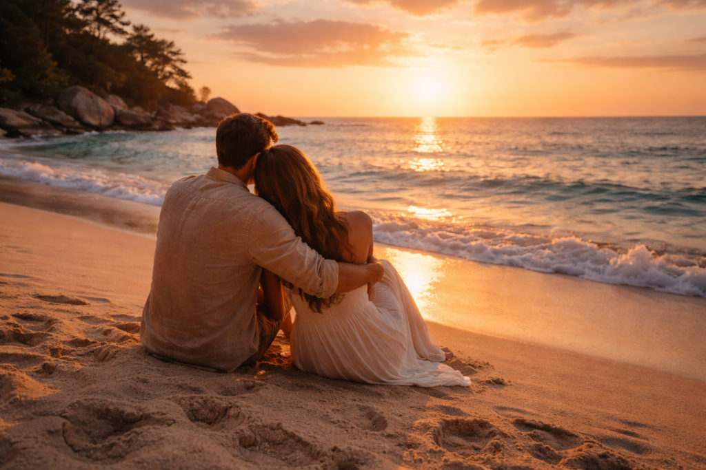 luxury romantic resort couple infinity pool sunset