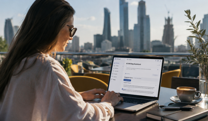 Professional woman using AI writing assistant on a laptop outdoors