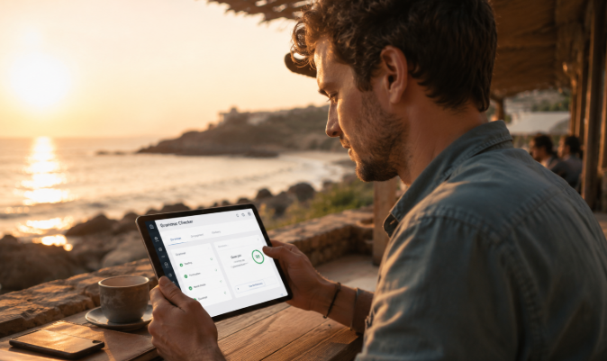 Freelancer using AI email writing assistant on a smartphone outdoors
