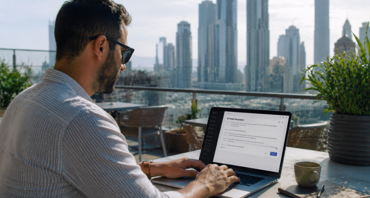 Remote worker using AI email writing assistant on a laptop outdoors