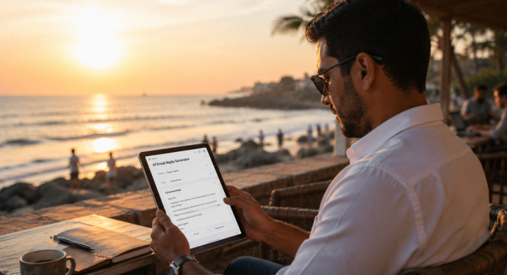 Businessman using AI email reply generator on a tablet near the beach