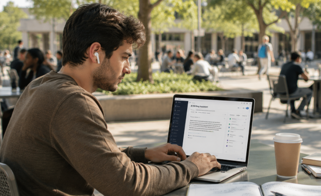 International student using AI writing assistant on laptop outdoors
