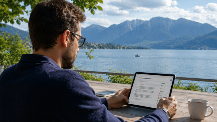 Professional using AI grammar assistant on tablet outdoors