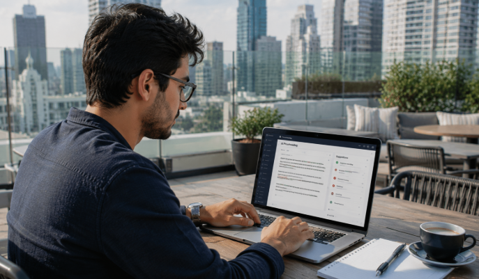 Content writer using AI proofreading software on laptop outdoors