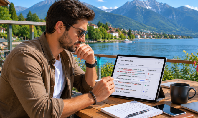 Professional editor reviewing AI proofreading suggestions on tablet
