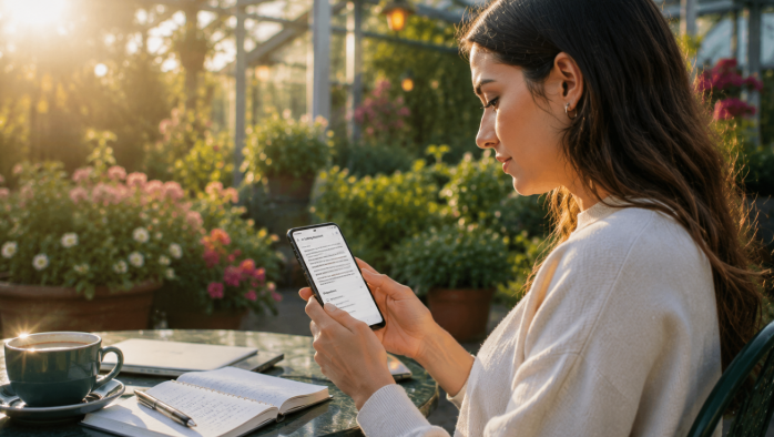 Female blogger using AI editing assistant in botanical garden